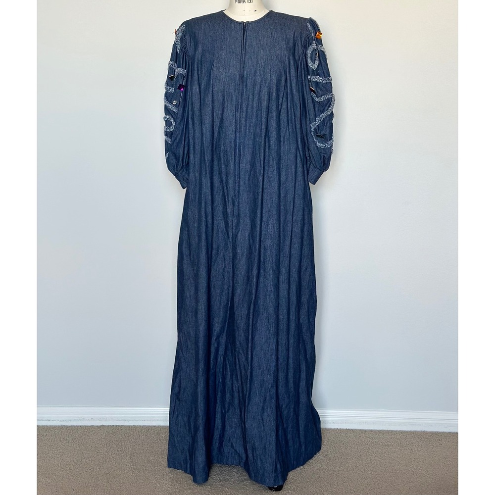 Vintage David Brown California Denim Maxi Dress M Embellished Balloon Sleeve USA
